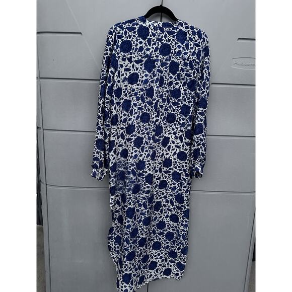 Natalie Martin Indigo Floral Hand-Dyed 100% Silk Kaftan Dress Sz L Double Slit - Picture 11 of 11